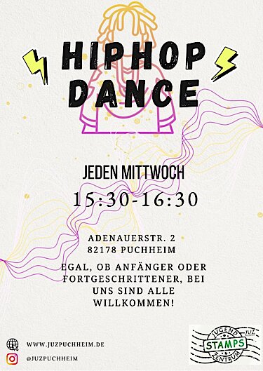 Flyer zum Hip-Hop-Tanzunterricht des Jugendzentrums STAMPS für Puchheimer Jugendliche